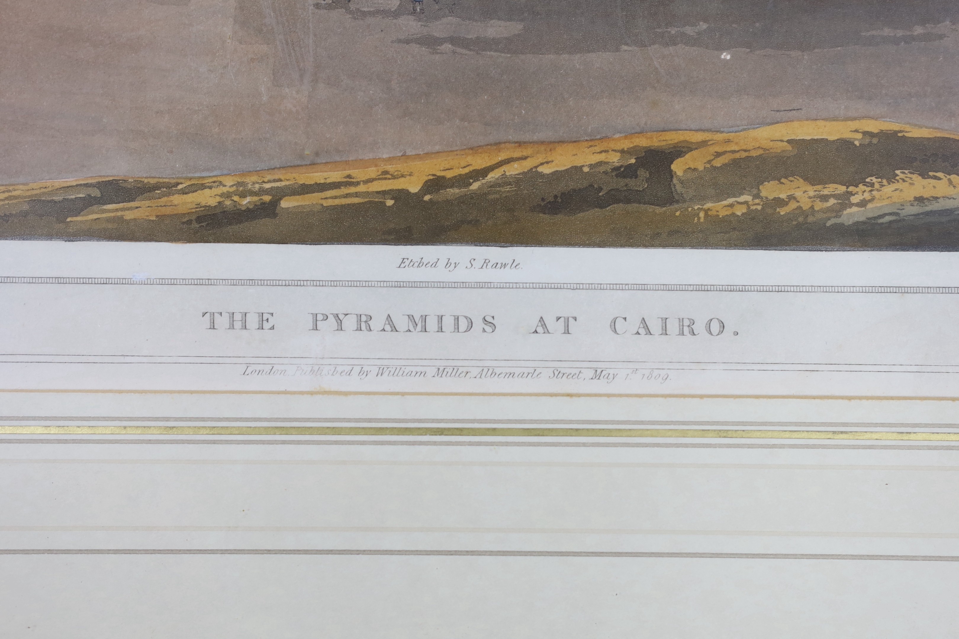 Havell after Henry Salt, coloured aquatint, The Pyramids at Cairo, number XXIV, visible sheet 51 x 71.5cm